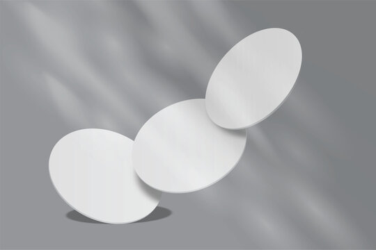 Bank white round coasters with soft shadows, creating a clean minimalist mockup for beverage branding, cafe menus, packaging, tabletop products, cup holder, table surface protector and product Ads