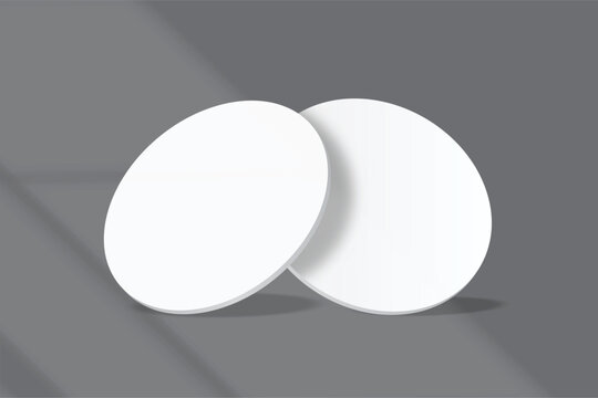 Bank white round coasters with soft shadows, creating a clean minimalist mockup for beverage branding, cafe menus, packaging, tabletop products, cup holder, table surface protector and product Ads