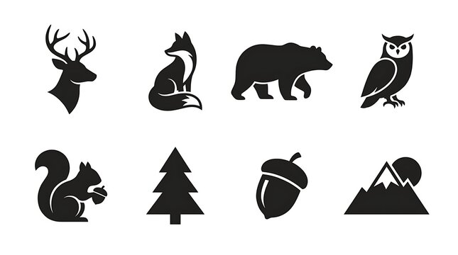 Black silhouette icons of forest wildlife and nature elements.