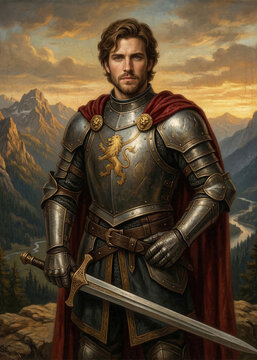 Armored Medieval King with Golden Lion Breastplate Emblem and Red Cape in Mountain Valley, Oil Portrait