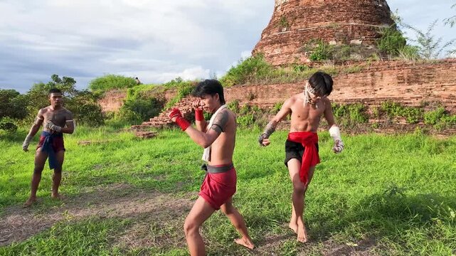 Muay Thai Fighters Training in Front of Ancient Ayutthaya Temple