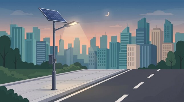 Solar Powered Street Lamp with LED Light and Rooftop Panel, flat illustration for renewable energy, sustainable infrastructure, smart cities and urban lighting.