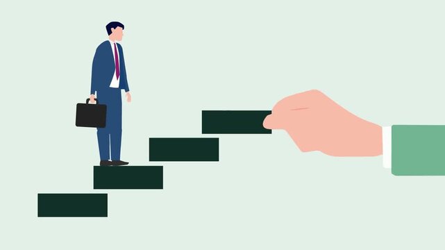 2D animation of a large hand placing step blocks for a businessman walking up career growth and promotion concept