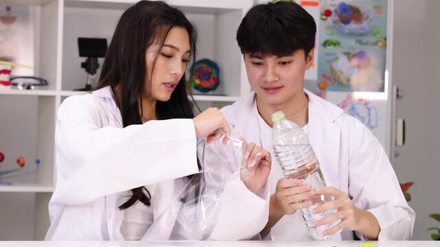 Teenage Students in Lab Coats Conducting Science Experiment with Water Bottle