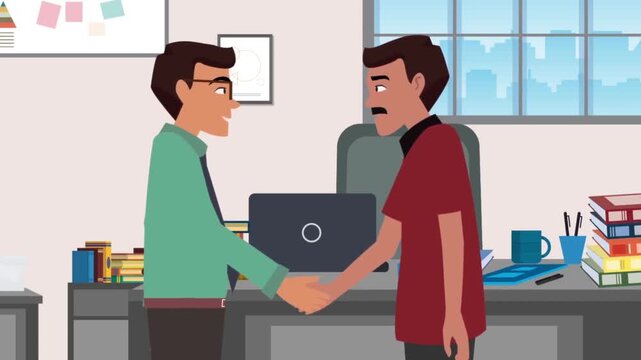 2D animation of two business men shaking hands over a desk in an office partnership agreement successful contract