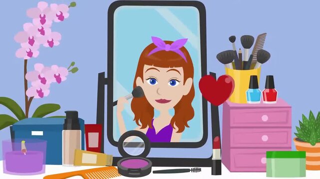 2D animation of a young woman doing makeup live stream tutorial on smartphone screen beauty vlog cosmetics concept