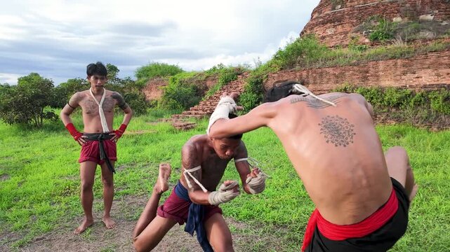 Muay Thai Fighters Sparring at Ancient Ayutthaya Temple Ruins