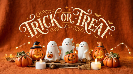 Fototapeta premium Trick or treat lettering over cute ceramic ghosts and small glowing orange pumpkins for festive decor