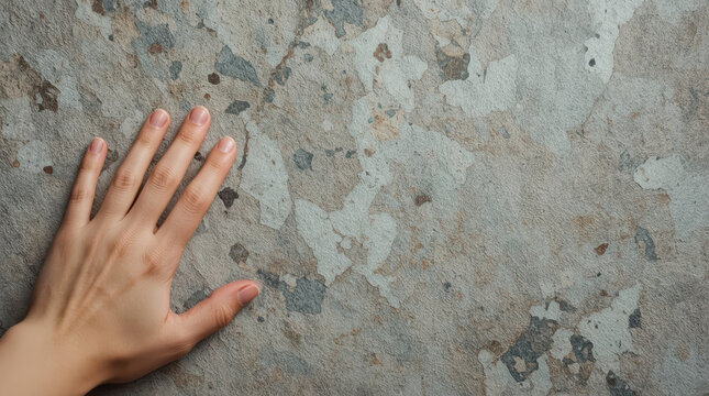 Hand touching textured stone surface with gentle tactile gesture and natural detail