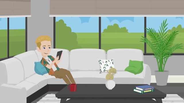 2D animation of a young blonde man sitting on a white sofa using a mobile smartphone in a modern living room