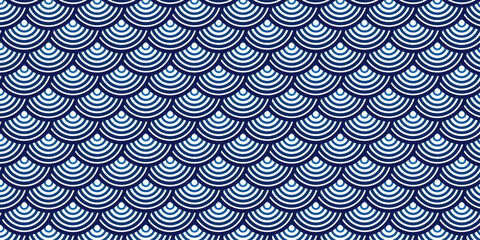 A mesmerizing, repeating pattern of blue and white concentric arcs evokes the scales of a fish or a wave, creating a visually captivating and seamless background. © LumenCraft