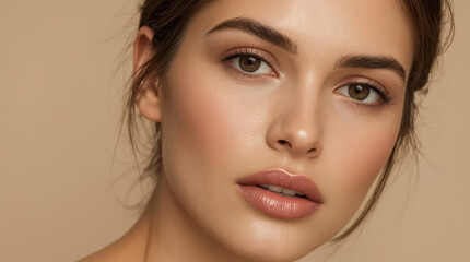 Fototapeta premium Portrait of young woman with glossy lips and soft eyes showing calm expression in warm light