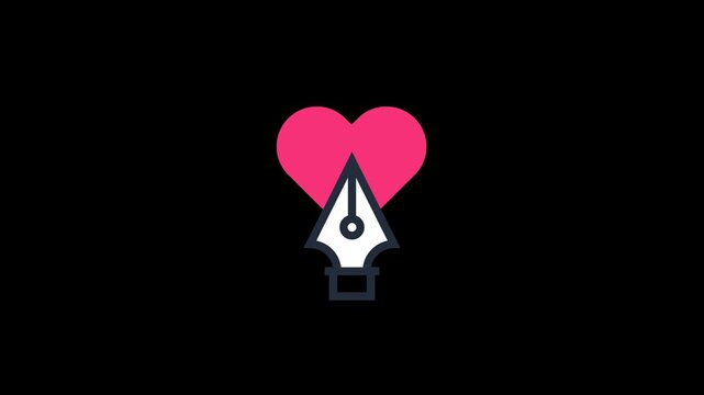 Animated pen nib and pink heart icon with transparent background