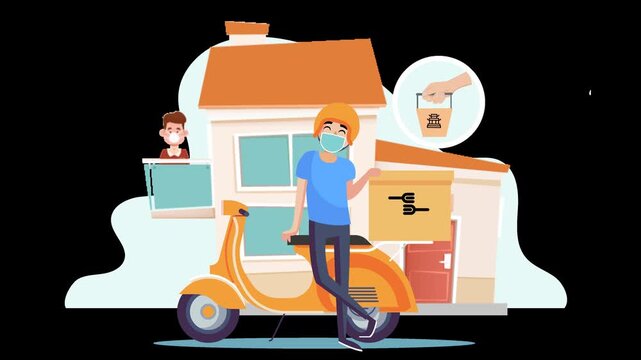 Animated food delivery courier on scooter with transparent background