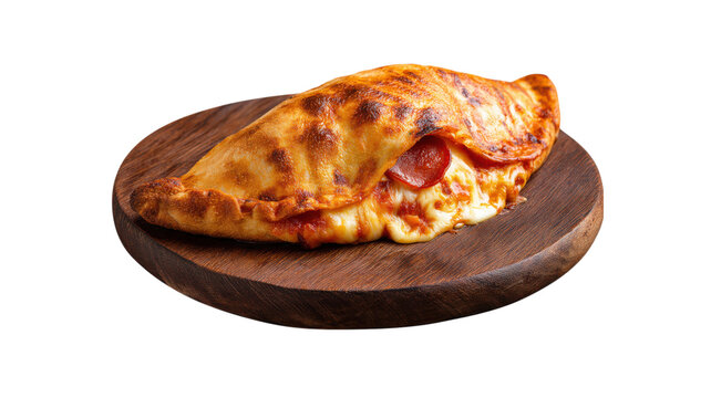 Pepperoni calzone with cheese on wood plate