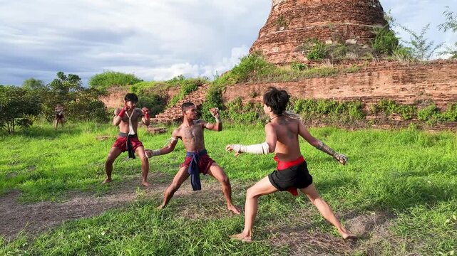 Muay Thai Fighters Training at Ancient Ayutthaya Temple Ruins