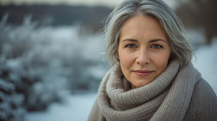Fototapeta premium Senior woman winter portrait gray hair knitted scarf calm expression
