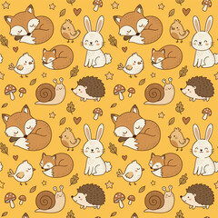 Fototapeta premium Seamless Cute Woodland Animal Pattern with Sleeping Fox, Rabbit, and Hedgehog on Yellow Background