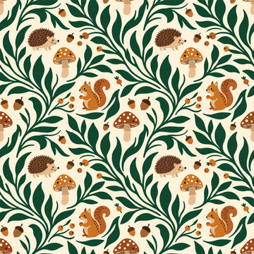 Seamless forest pattern featuring cute squirrels, hedgehogs, mushrooms, and lush green foliage.