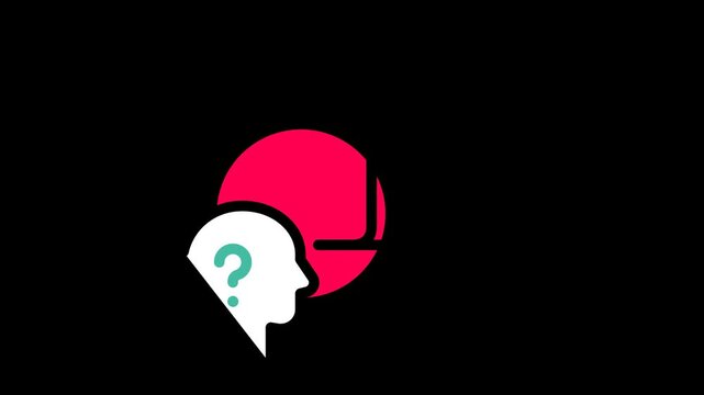 Animated human head profile with question mark and shapes on transparent background