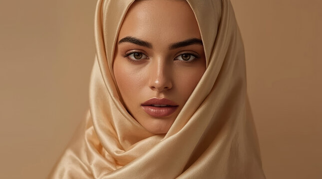 Beauty portrait of Muslim woman wearing flowing satin headscarf with calm expression