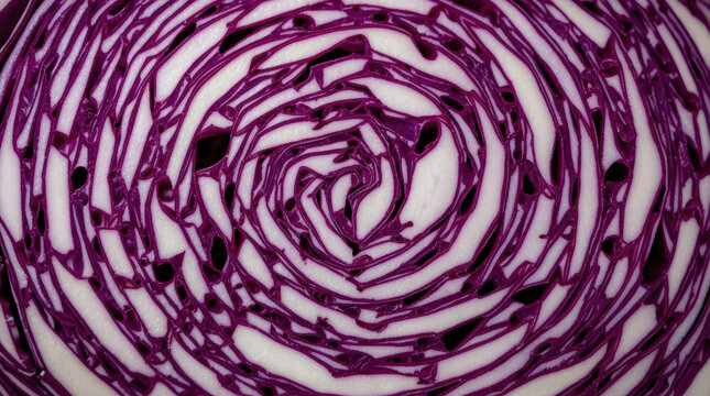 Sliced red cabbage spiral pattern close up vegetable texture