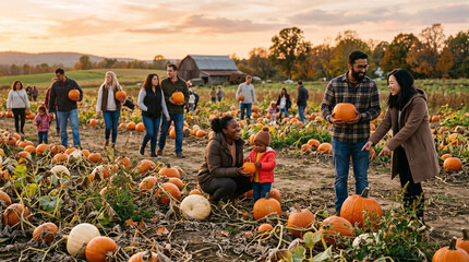 Fototapeta premium Families picking pumpkins in a patch at sunset, autumn harvest outing in the countryside