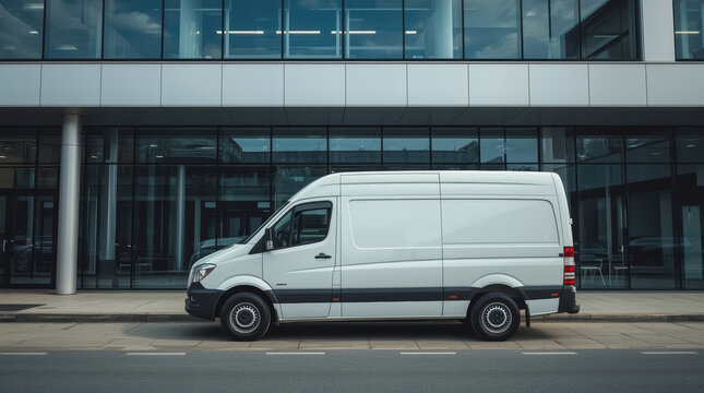 Delivery van parked outside modern office building