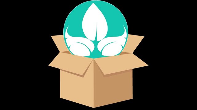 Animated eco friendly leaf logo emerging from cardboard box with transparent background