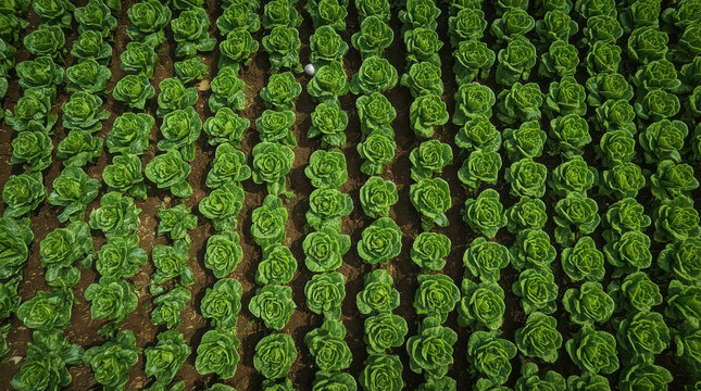 Fresh lettuce head crop in orderly rows with rich green foliage