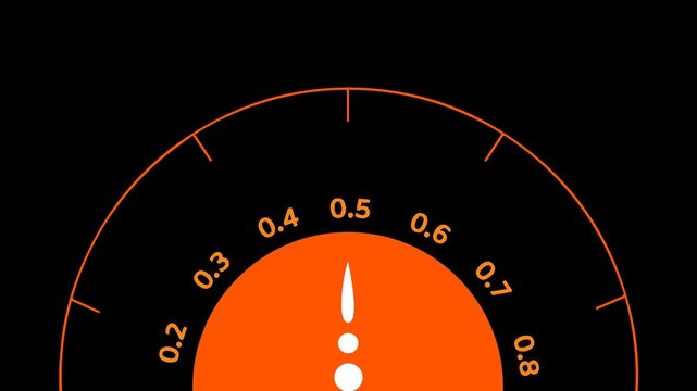 Animated orange gauge speedometer with numeric scale on transparent background