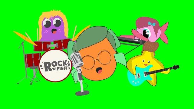 Cute animated fish rock band playing musical instruments on green screen