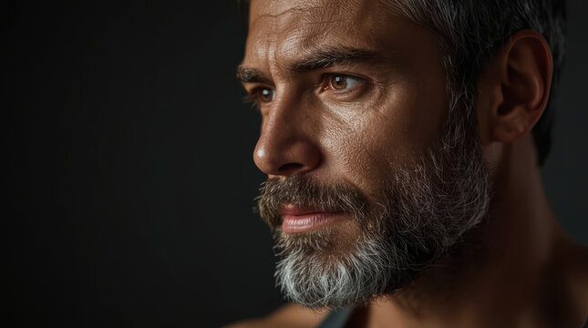 Mature athletic man close up portrait with serious expression and dramatic lighting