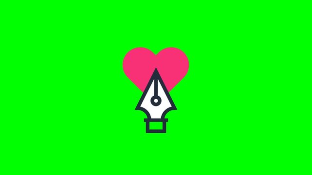 Animated pen tool and heart icon for graphic design on green screen