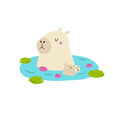 Funny capybara sitting in a pond with her baby and tangerines