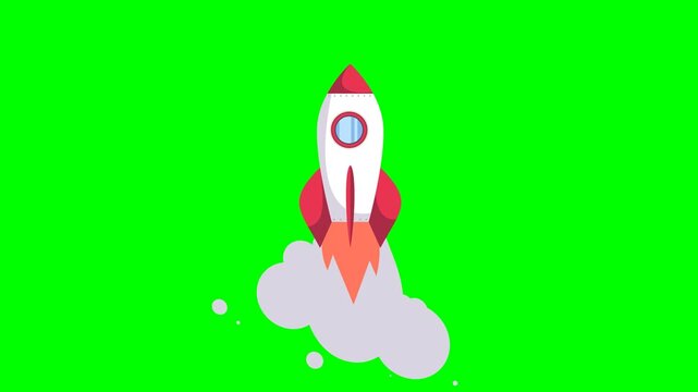 Animated rocket ship launching with smoke on green screen