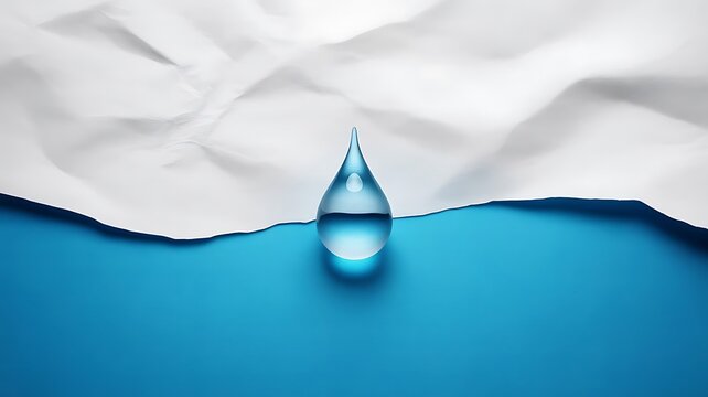Crystal clear water drop falling onto a white crumpled paper texture above a deep blue surface creating a clean and modern abstract composition