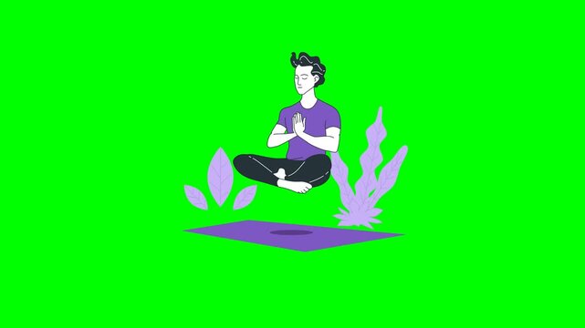 Animated man practicing yoga meditation on green screen background
