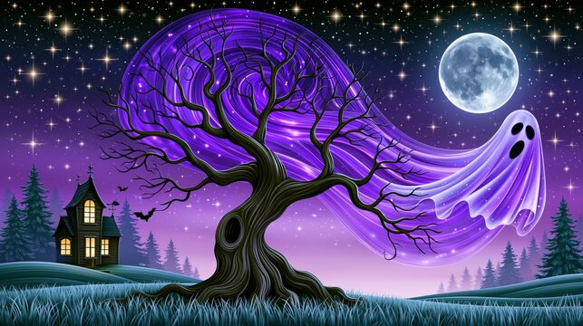 Haloween cartoon illustration of ghost, full moon, purple sky