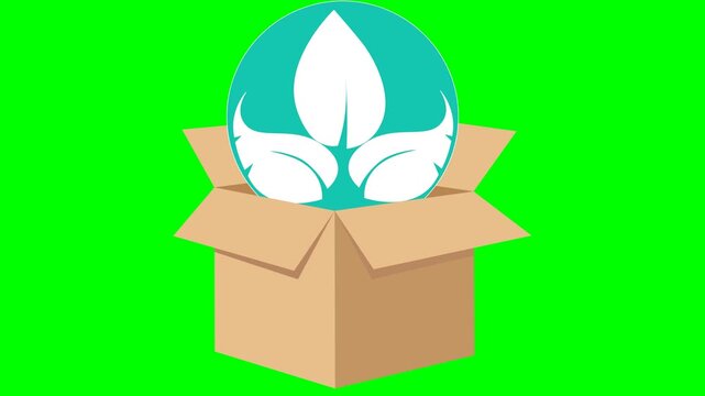 Animated eco friendly leaf logo emerging from cardboard box on green screen