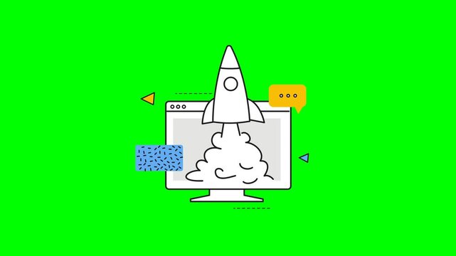 Animated rocket launching from computer screen on green screen background