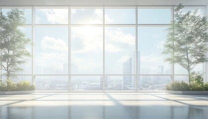 Naklejka premium Minimalist modern glass office interior with a panoramic view of the sunny urban blurred skyline