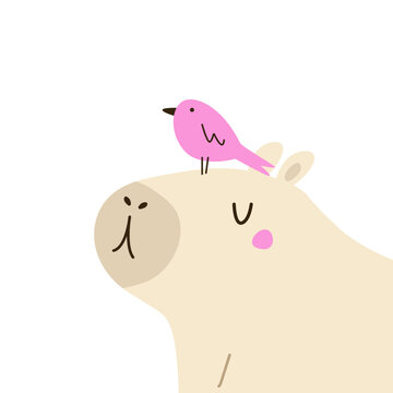 Funny capybara with a bird sitting on a head