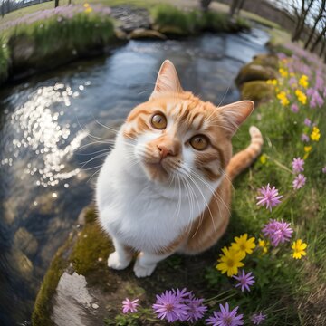 Gato atigrado naranja sentado junto a un arroyo con flores silvestres y vista en gran angular