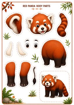 Children's cut and paste paper craft worksheet to build a cute red panda. Features individual body parts, ears, tail, legs, and a completed reference.