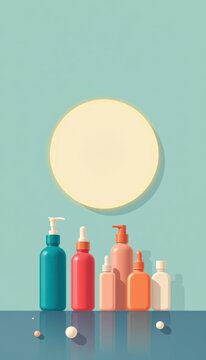 Skincare bottle shapes aligned under a clean graphic sunlight circle are captured in a clean minimalist flat illustration