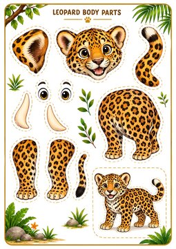 Educational paper craft activity page for kids featuring leopard body parts to cut and paste. Includes head, ears, legs, tail, body, and finished guide.