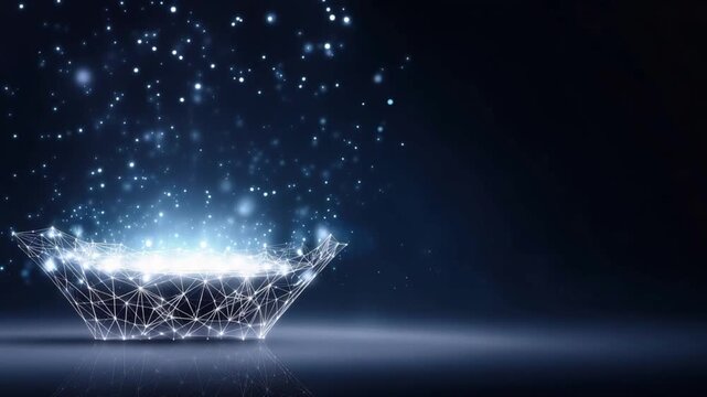 Futuristic digital network glowing with blue light, with luminous particles floating upwards like a magical explosion, on a dark background. ..Created with Generative AI, not depicting real subjects.
