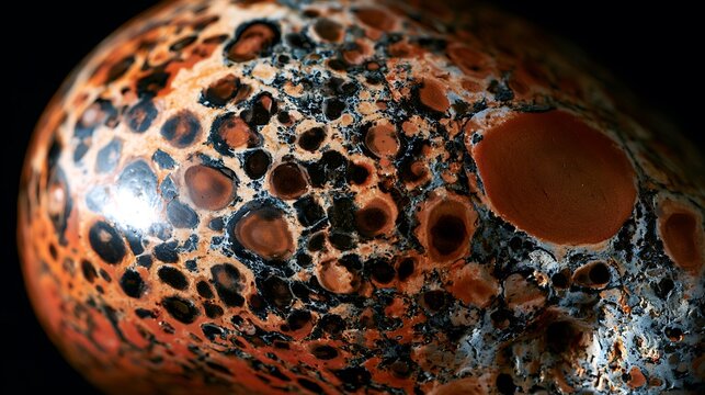 Macro photography of polished leopard skin jasper gemstone surface texture.