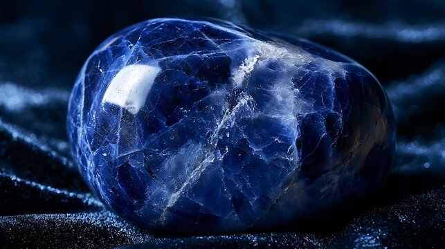 Macro shot of a polished blue sodalite gemstone on dark fabric.